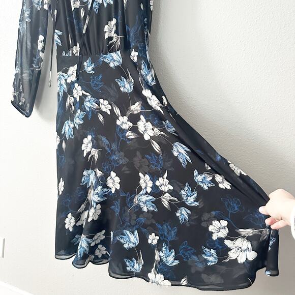 WHBM Black Blue Floral Flowy Long Sleeve Midi Dress women's size 8 - Picture 4 of 12